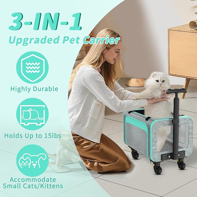 Rolling Pet Carrier with Detachable Wheels - 18x11x11 TSA Airline Approved for Southwest Delta United American, Soft Sided Expandable Travel Bag for Small Dogs & Cats up to 15Lbs, Fits Under Seat