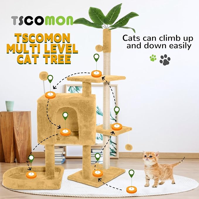 52in Multi-Level Cat Tower with Sisal Scratching Posts, Hidden Cave & Perch Platform, Large Cat Condo for 1-3 Cats, Eco-Friendly Pet Furniture with Realistic Leaves, Beige