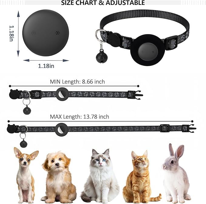 GPS Tracker for Cats, Mini GPS Pet Tracker with Collar, IPX8 Waterproof Cat Trackers Collar,No Monthly Fee,Work with Apple Find My(iOS Only),Smart Trackers for Pets-Black-3