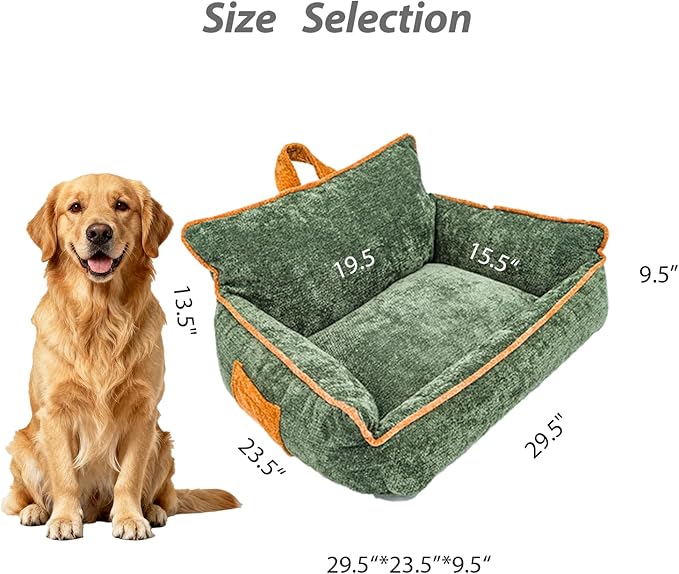 Large Orthopedic Dog Sofa Bed with Sides, Carry Handle & Side Pockets .Plush Chenille Orthopedic Pet Bed Couch for Large Dogs.Portable Snuggler for Indoor Use, Travel & Recovery (Green)