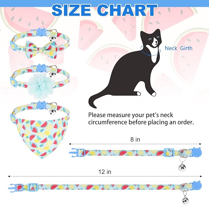 Breakaway Cat Collars with Bell & Cute Pendants - 3 Pack Adjustable Safety Kitten Collars - Decoration for Girl Boy Cats Puppy and Small Pets (Style C - Watermelon)