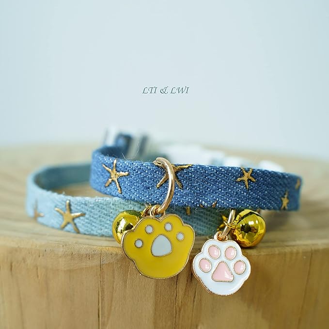2 Pack Denim Breakaway Cat Collars with Bell Cat Paw Pendant Kitty Kitten Collars Blue Collar for Female Girl Cats Male Boy Cats Star Print