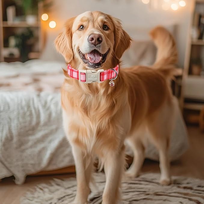 Plaid Dog Collar - Cute Red and Pink Plaid Puppy Collar with Safety Buckle, Soft Adjustable Holiday Dog Collars for Small Medium Large Dogs S
