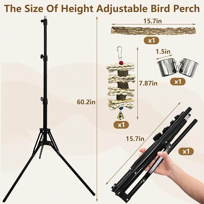 kathson 28-60inches Height Adjustable Bird Perch, Pepperwood Parrot Perch Stand with Feeding Cup, Multi-Purpose Bird Perches for Indoor and Outdoor Use, Designed for Small Medium Birds (3 PCS)