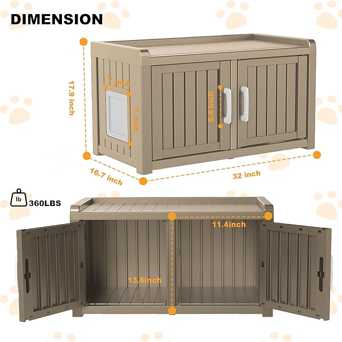 Cat Litter Box Enclosure Resin Hidden Cat Litter Box Furniture Multi-Functional Double Door Spacious Odorless Waterproof UV-Resistant Indoor Outdoor Use Grey
