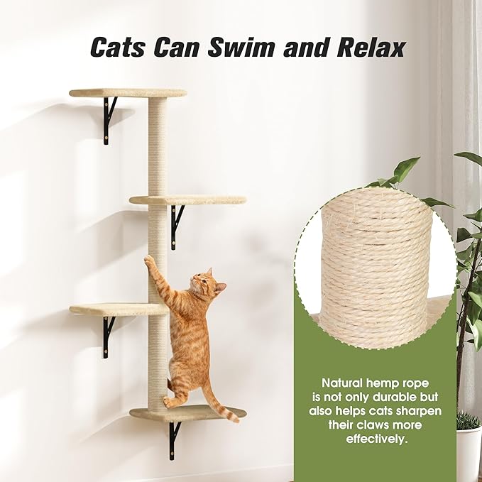 COZIWOW Wall Mounted Cat Furniture, Cat Wall Shelves and Perches, Floating Cat Shelves for Wall Set of 5(Beige)