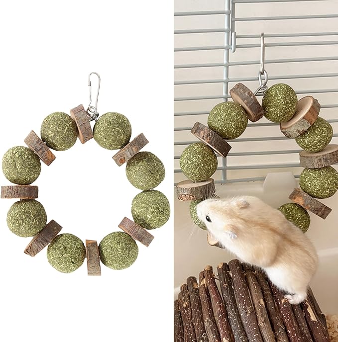 Wood and Straw Chew Toys, Edible and Non, Promote Teeth, Nutritious, for Small Animals Like Hamsters and Rabbits (Wooden Piece Round Ring)