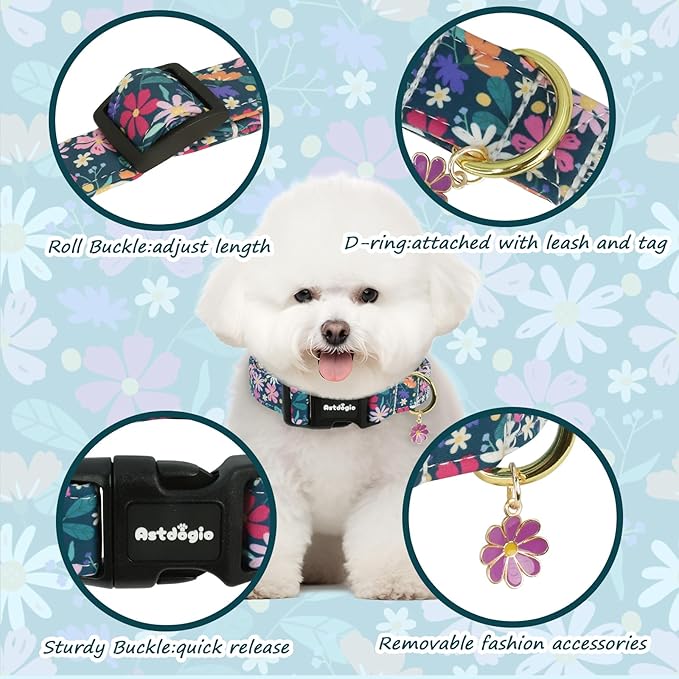Dog Collar for Extra Small Dogs, Spring Dark Green Dog Collars with Flowers Pattern, Adjustable Puppy Dog Collars, Cute Girl or Boy Dog Collar Ideal for Gifts,Pet Accessory