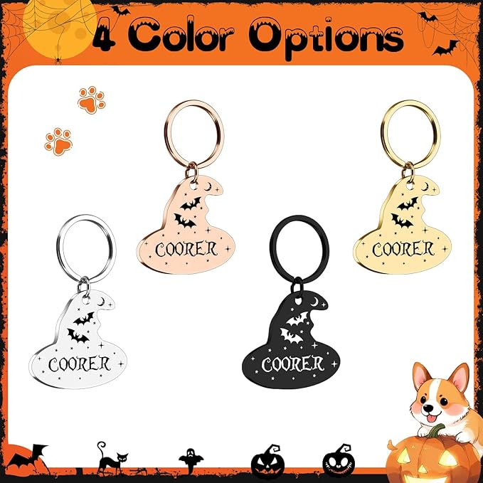 Personalized Pet Tags for Dog Cat, Custom Halloween ID Tags for Dogs, Dog Name Tags Engraved for Pets, Boo Basket Stuffers, Halloween Gifts for Dogs Lovers (Witch Hat)