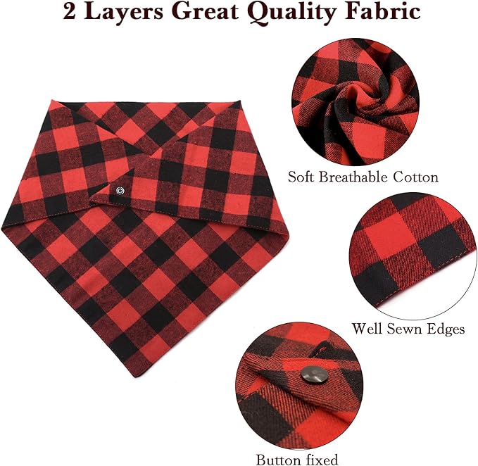 Christmas Plaid Dog Bandana with Button, Fall Dual Layer Soft Cotton Triangle Dog Scarf Kerchief Washable Girl Boy Dog Bandanas Adjustable Accessories for Small Medium Large Extra Large Dog Puppy Pet