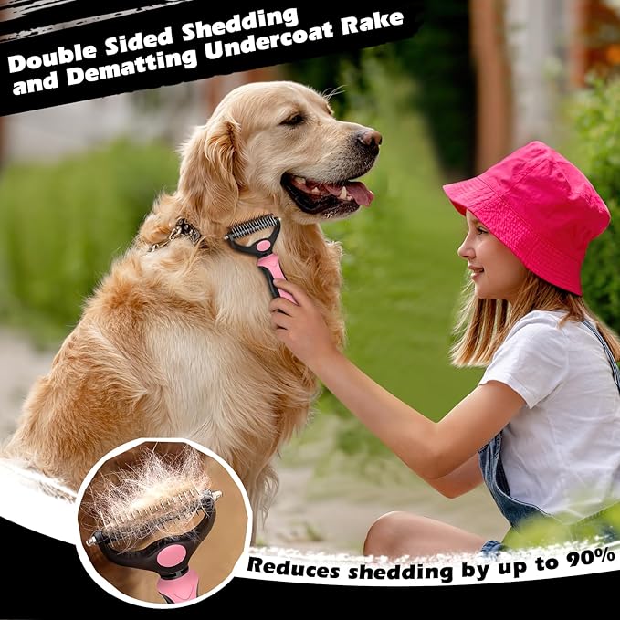 3PCS Self Cleaning Slicker Brush & Pet Grooming Rake & Flea Comb for Dogs,Cats and Horses | Double-Sided Dematting Comb & Skin Friendly Deshedding Grooming Tool | Pet Supplies (Light Pink Black)