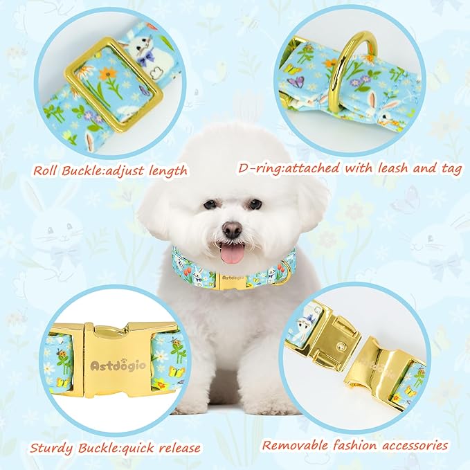 Easter Dog Collar for Medium Dogs, Easter & Spring Theme Medium Dog Collar with Cute White Bunny Pattern, Adjustable Blue Easter Dog Collars Girl Boy Collar for Dogs -M