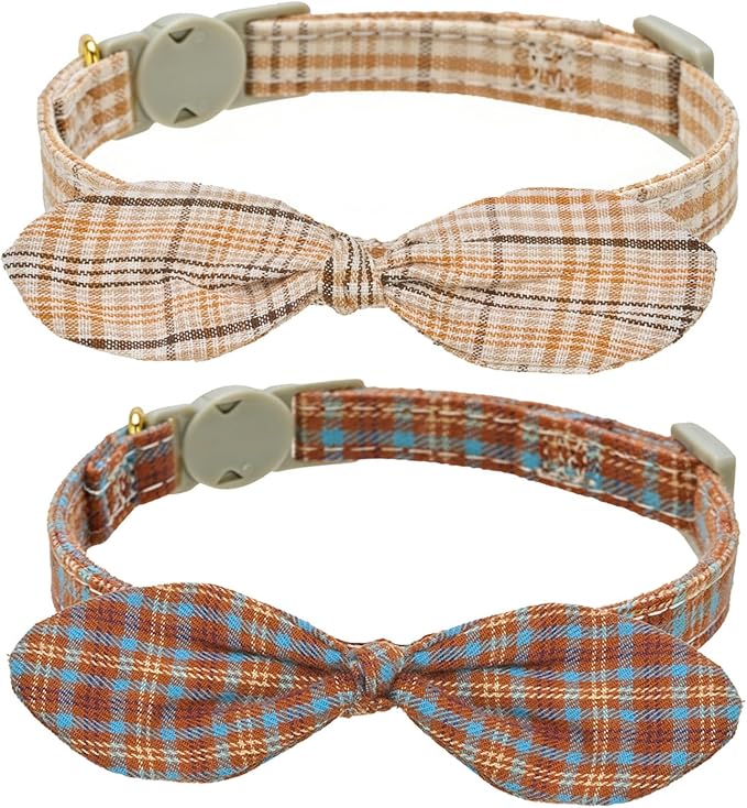Cotton Bowtie Cat Collar with Bell 2 Pack Plaid Breakaway Kitten Collars with Removeable Bunny Ear Bow(Amber+Beige)