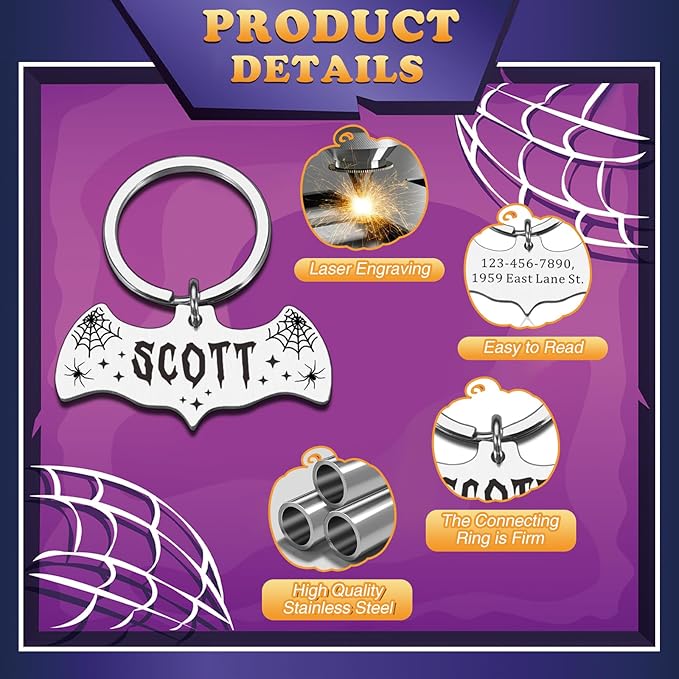 Bat Dog Tag, Halloween Personalized Dog Tags for Pets, Customized Pet ID Tag for Black Cat, Witch Friendly Cat Tags, Funny Spooky Dog Name Tag, Stainless Steel Dog ID Tag Engraved on Both Sides