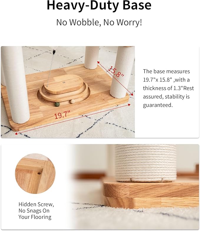 Wood Cat Tree for Large Cats, Modern Cat Tree Tower with Wide Shelves Cotton Scratching Posts, Super Sturdy Base, Cozy Perches, and Interactive Toys for Indoor Kittens