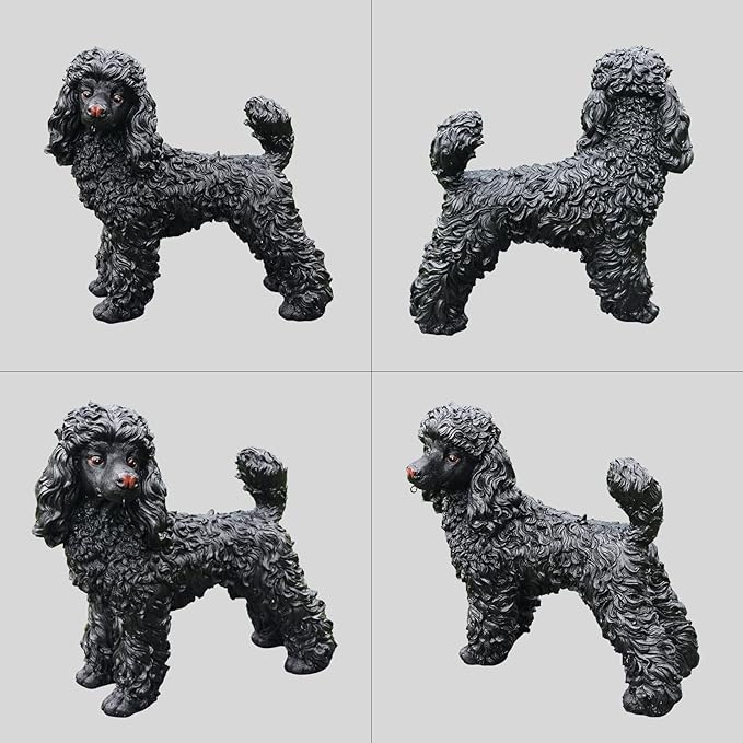 Poodle Statue Outdoor Decorations – Outdoor Dog Statue Standing Black Poodle with Removable Solar Light & Welcome Sign for Garden Décor