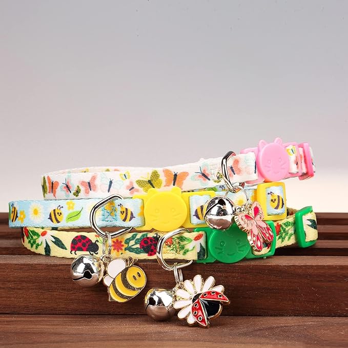 PUPTECK Spring Breakaway Cat Collars with Bell - 3 Pack Pet Collar with Cute Pendants for Girl Boy Kitten Puppy and Small Pets