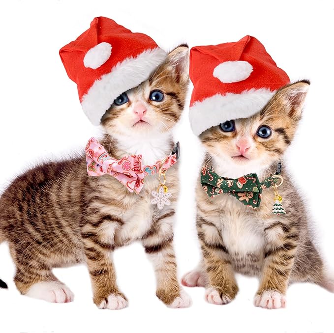 Faygarsle 2 Pack Christmas Cat Collars - Cute Holiday Collars with Bow Tie, Breakaway, Pink & Green, Winter, for Boy & Girl Cats