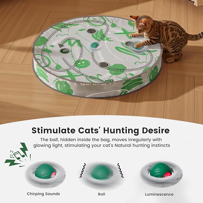 Gardner Pet Interactive Cat Toys Ball,Self Moving Ball in 4 Holes Play Mat,Tap Activation Moving Toy Hide and Seek Exercise Kicker Catching Game for Indoor cat,Real Bird Calls,USB Charging,28 Inch