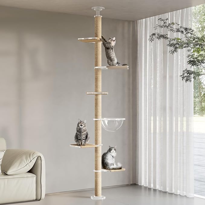 Floor to Ceiling Cat Tree, Acrylic Top Support PlateTall Cat Tower Natural Sisal Rope Scratching Post, Adjustable Height 55-103 Inches, Multi-Platform Activity Center
