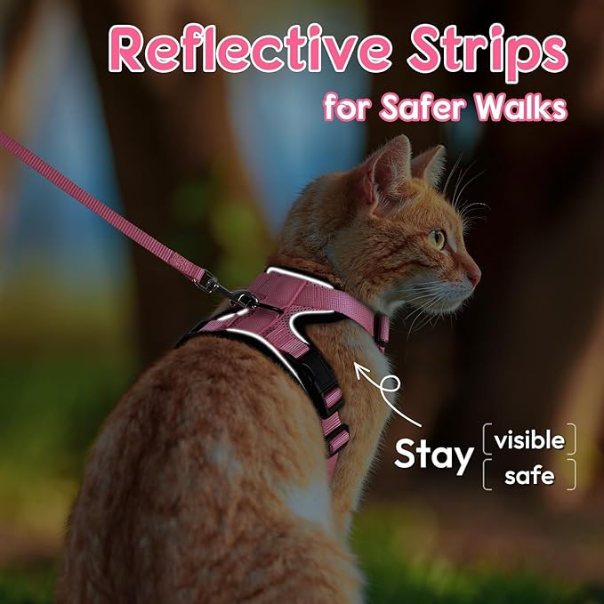 Dooradar Cat Harness and Leash Set, Escape Proof Safe Adjustable Kitten Vest Harnesses for Walking, Easy Control Soft Breathable Mesh Jacket with Reflective Strips for Cats, Pink, XXS
