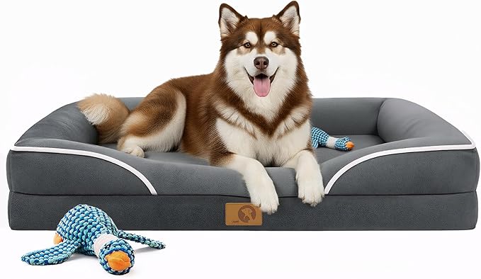 HOMEMATE Dog Bed for Extra Large Dog: 48x35 inch Orthopedic Large Dogs Bed XXL Outdoor Pet Cat Bed Sofa Supplies with Toy Dogs Crate Pad Couch with Removable Washable Cover & Non-Slip Botton Dark Grey