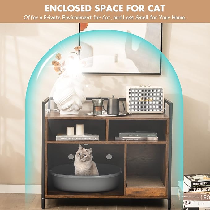 Giantex Cat Litter Box Enclosure - Cat Washroom Hidden Furniture with Front Entry, Scratcher, 2-Door Storage Cabinet, 2 Compartments, Air Vents, Metal Frame, Wooden Pet Crate House (Rustic Brown)