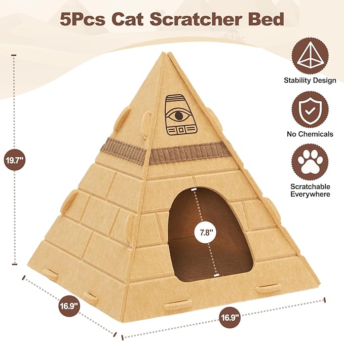 Cat House for Indoor Cats, Scratch-Resistant Cat Cave, Felt Cat Hideaway with Pharaoh Headdress, 17x17x20