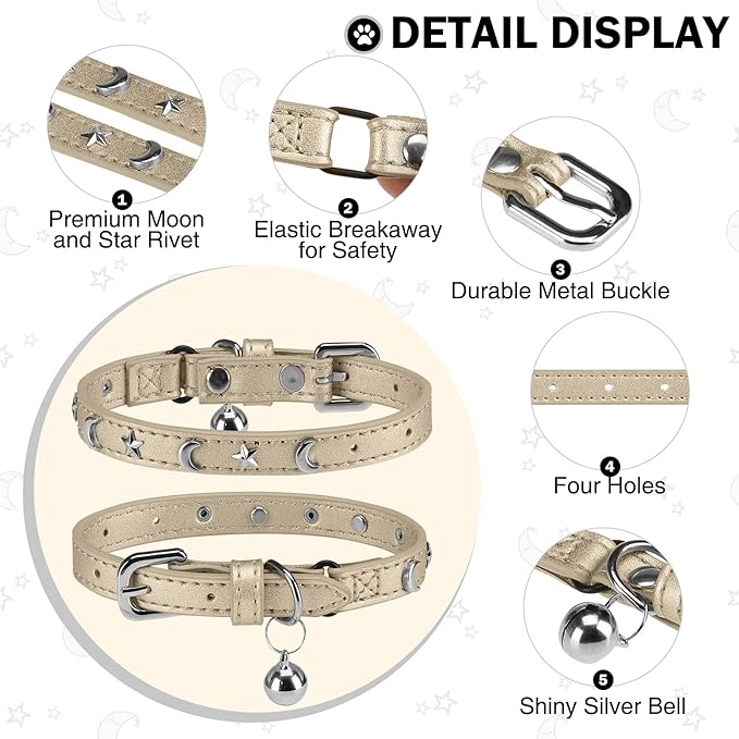 Leather Cat Collars for Boy Girl Cats with Bell and Safety Elastic Belt, Personalized Star and Moon Stud Adjustable Safe Buckle Collar for Kitty Small Big Cats Size 7-9 Inch, Gold