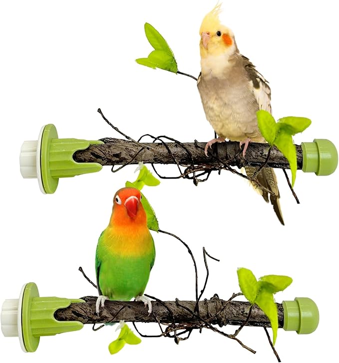 PINVNBY 2 PCS Bird Perches Simulation Branch Parrot Cage Perch Stand with Green Leaf Hanging Paw Grinding Fork Cage Accessories for Parakeets Budgies Finches Cockatiels Conures