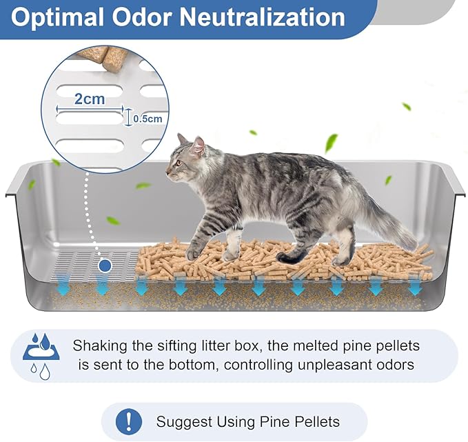 Stainless Steel Sifting Litter Box with Lid, Medium Sifting Cat Litter Box for Pine Pellets & Big Cats,Metal Pellet Sifter Litter Pan System for Odor Control,Sifting Box Liners & Scoop