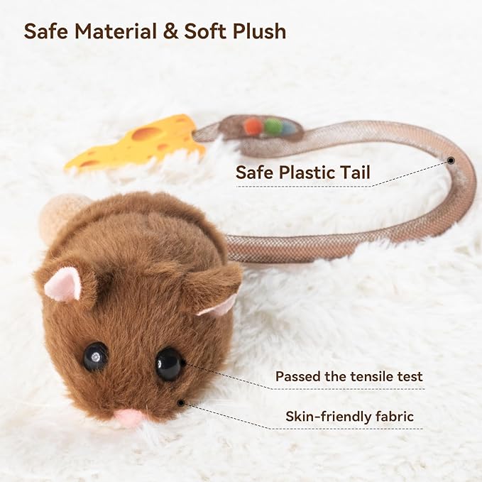 Migipaws Interactive MigiMouse Cat Toy 360° Rolling & Spin with Wiggling Tail for Indoor Cats Smart Motion Sensor, Realistic Squeak, Rechargeable Plush Kitten Toy (Brown)