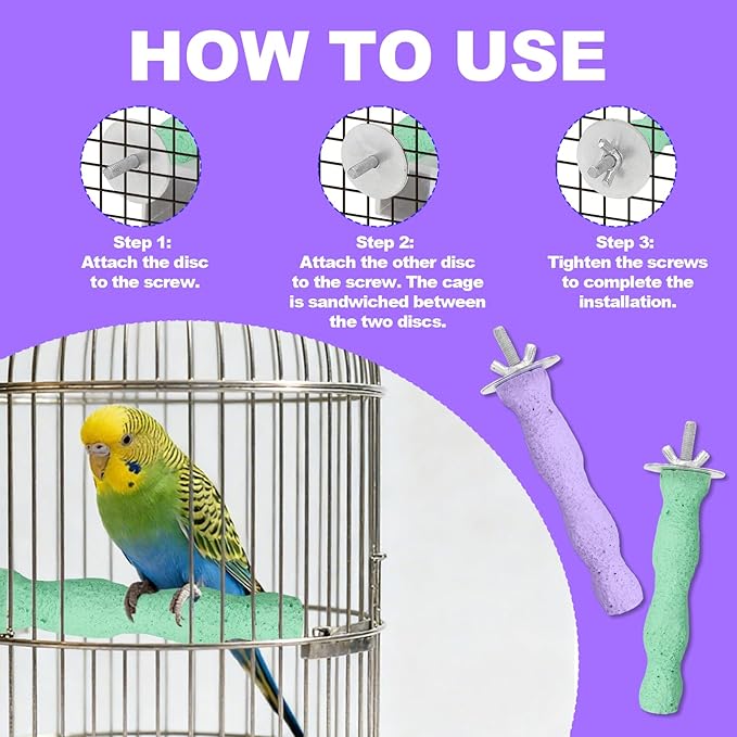 2pcs Bird Beak Grinding Stone, Resin Anti-Slip Beak Grinder Stone Bird Nail Trimming Claw Trimmer Perches Parrot Cage Stand Toys for Budgie Cockatiel Conure Parakeet Cage Accessories (Green, Purple)