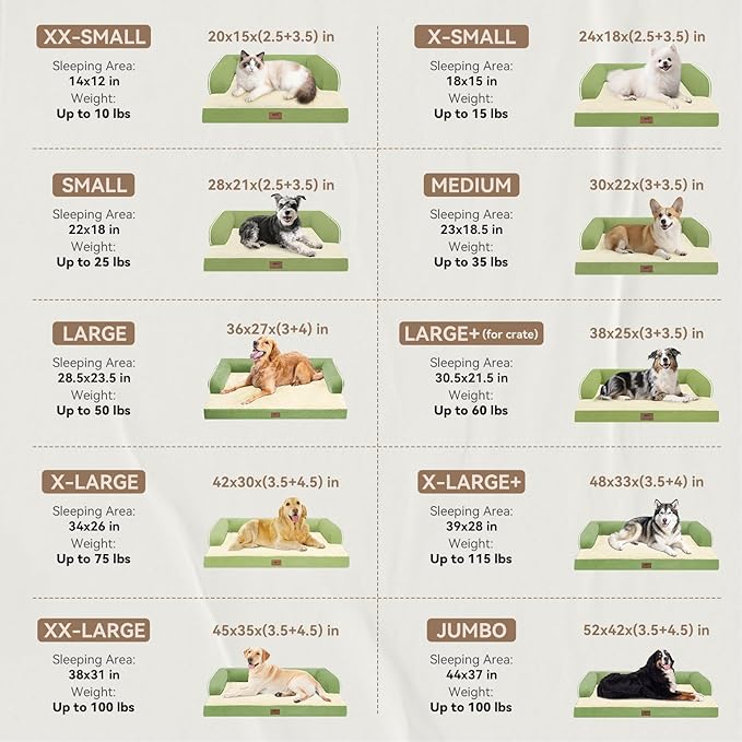 Large Dog Bed Orthopedic Washable - Beds Bolster - Extra Large Big Dogs - Memory Foam Couch Sofa - Waterproof with Removable Cover - Grass Green Dog Bed