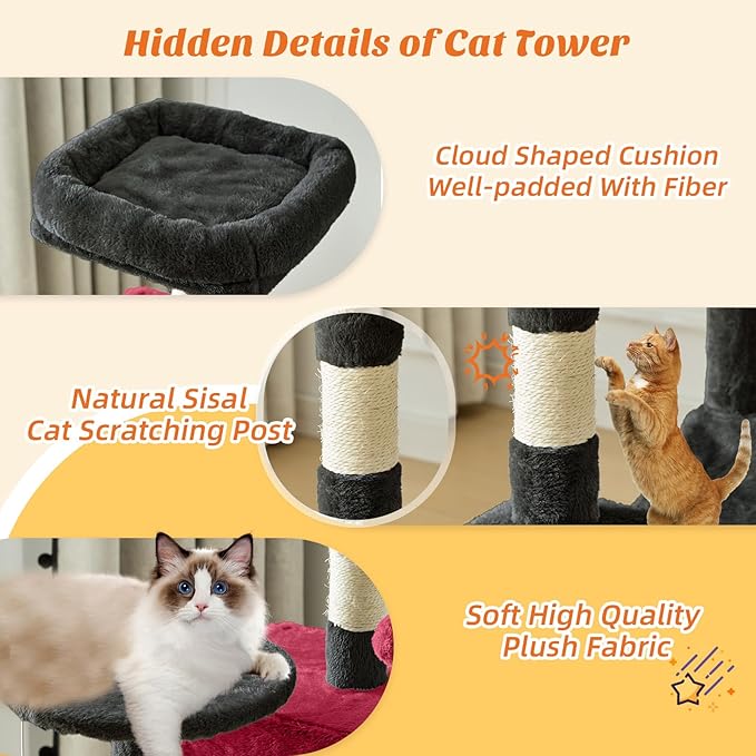 Cat Tree Tower 44 Inch, Small Cat Tower with Condo, Hammock, Sisal Scratching Posts, Extended Perch, Pet Play House for Indoor Kittens and Cats, Black Red