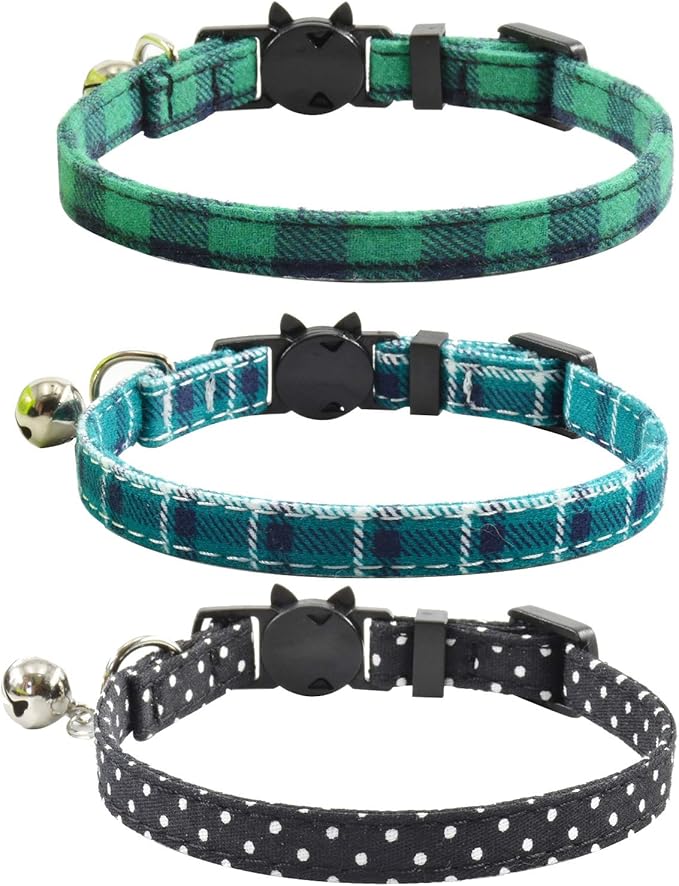 Breakaway cat Collars with Bell, Set of 3, Durable & Safe Cute Kitten Collars Safety Adjustable Kitty Collar for Cat Puppy 7.5-11in (Green,Cyan,Black)