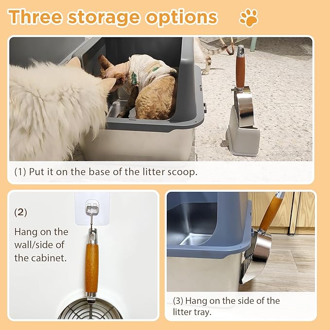 Stainless Steel Litter Scoop, Kitty Litter Scooper, Metal Cat Litter Scoop, Kitten Pooper Lifter, Cat Scooper, Kitty Metal Scooper with Holder for Cat Litter Box Round Holes Easy Cleaning