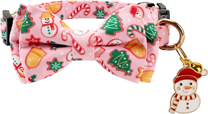 2 Pack Cotton Cat Collar with Bow Tie and Bell for Girl Boy Cats,Cute Pink Flamingo and Blue Whale Pattern Spring Summer Breakaway Cat Collar for Male Female Cats (Santa Claus & Snowman)