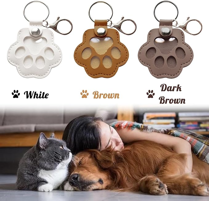 Dog Hair Keychain, Leather Pet Hair Collector Keychains, Pet Fur Keepsake Gift, Paw Charm for Collecting Cat Dogs Fur