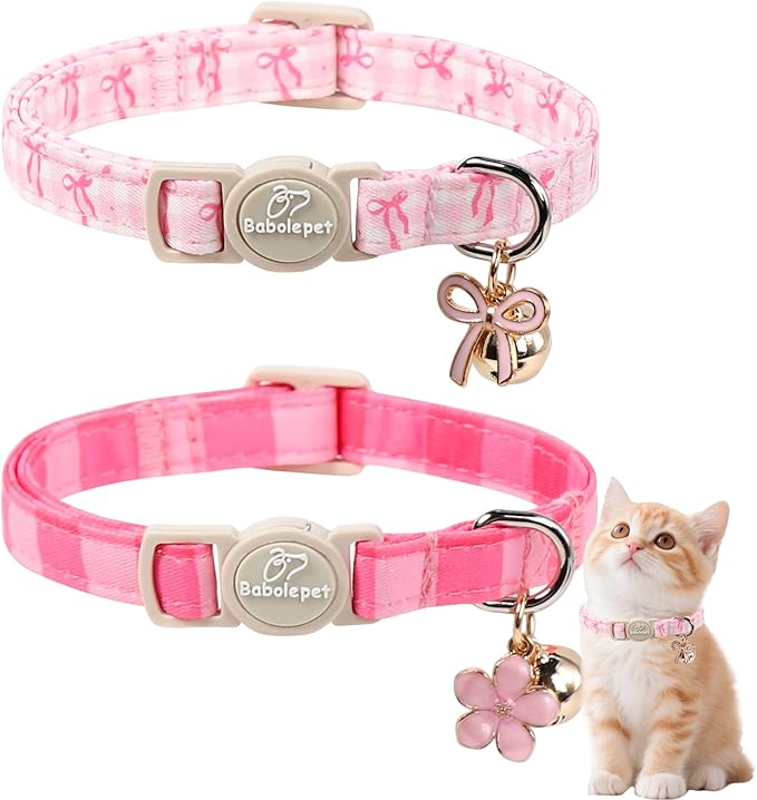 2 Pack Pink Cat Collars - Spring Summer Breakaway Cat Collar with Bell, Bow and Flower Pendant, Adjustable Kitten Collars for Girl Cats, Cute Pink Plaid &Bow