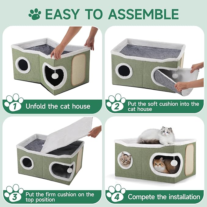 Cat Beds for Indoor Cats, Extra Wide Cat Cube House for Multi Cats, Foldable Cat Cave Hideaway with Arc-Edge Design & Oval Door, Double-Side Soft Cushion for All Seasons, 24"L x 17.7"D x 12.6"H, Green