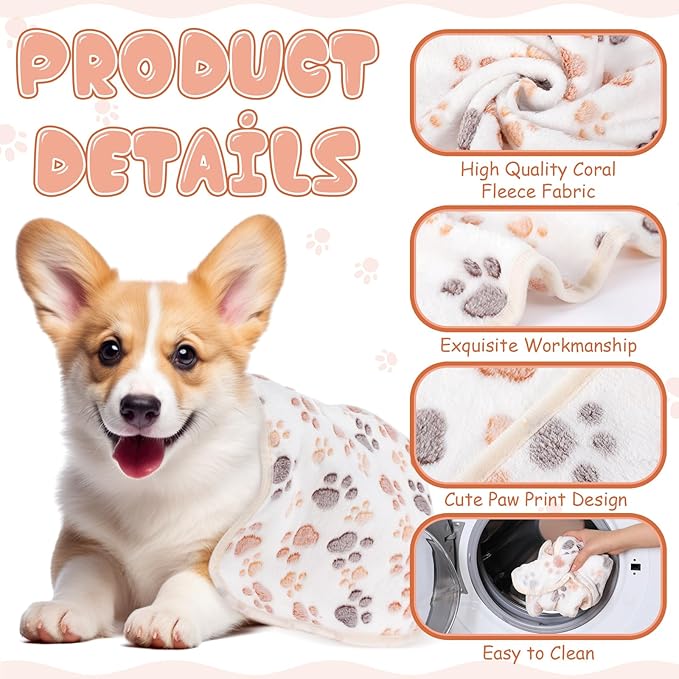 Chumia 40 Pcs Blankets Soft Fluffy Fleece Washable Pet Dog Sleep mat Paw Print Pattern Fleece Blankets for Pets Throw Warm Bed Mat for Dog Puppy Cat(24 x 16 Inch,Brown, White, Black, Blue)