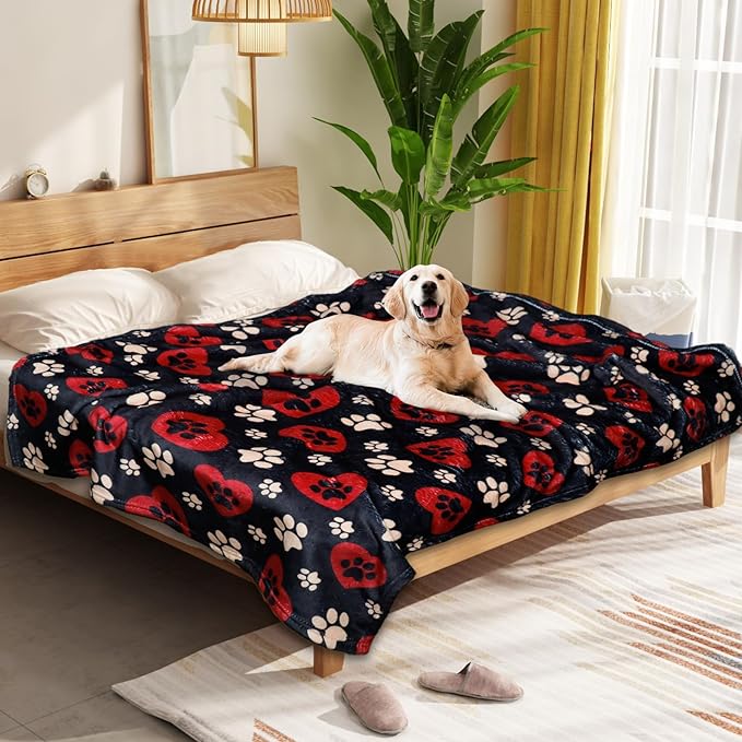 Dog Blankets for Large Dogs, 60"x50" Blanket Washable, Fuzzy Soft Pet Mat Throw Cover for Kennel Crate Bed, Cute Paw Pattern, Cat Blanket, Gifts Medium Small Pet Essentials, Black Red
