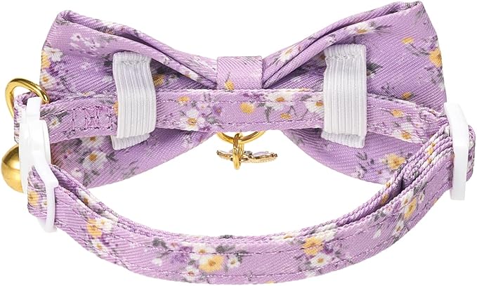 2 Pack Cat Collars, Removable Bowtie, Floral Pattern, Safety Breakaway Clasp, Adjustable for Cats.(Adult Cat, Purple and Pink dasiy)
