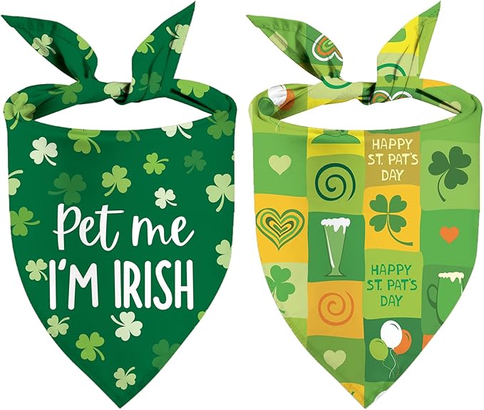 St Patricks Day Dog Bandanas - Lucky Shamrock Puppy Scarf - 2 Pcs Adjustable Triangle Double Layer Reversible Pet Bandanas for Small Medium Large Dogs