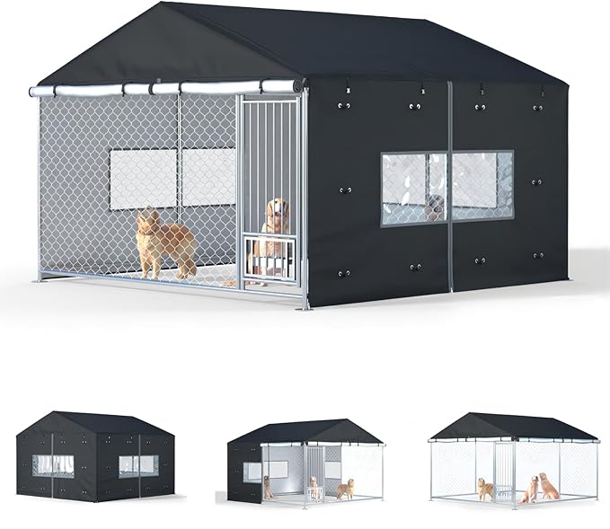 Outdoor Dog Kennel Cover Full Coverage for 10'Dx10'Wx7'H Dog Cages,600D Heavy Duty Waterproof Large Dog Kennel Cover,(Kennel not Included) Black