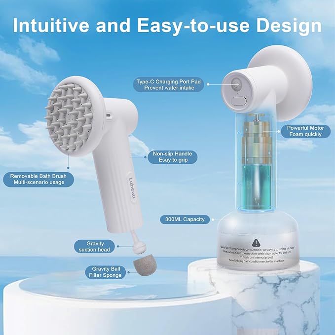Pet Electric Foaming Dog Shampoo Dispenser with Brush for Dogs Bathing, Soft Brush, Massaging and Grooming, Bubble/Spray Mode, Rechargeable Dog Foam Sprayer Soap Dispenser for Short/Long Haired Pet