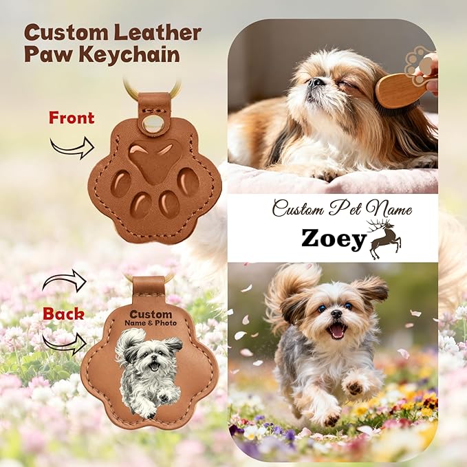 Personalized Pet Memorial Gifts for Dogs, Custom Name Paw Shaped Leather Keychain, Dog Fur Keepsake for Bag or Key