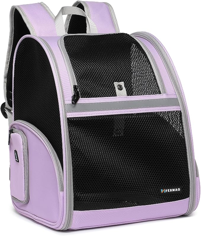 Cat Backpack Carrier for Small Dogs and Medium cat Puppy Kitten Bunny Pet Carrier Backpack Collapsible with Fully Ventilated Mesh with Safety Leash (Purple, 12.9" L x 10.62" W x 15.5" H - M)