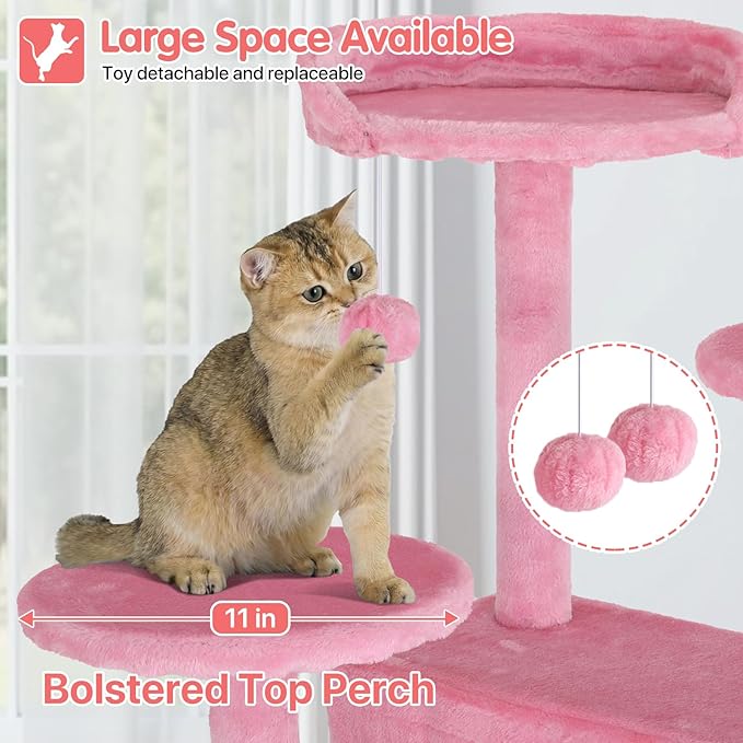 70in Cat Tree Cat Climbing Tower with Scratching Post, Cats House Perch Kitten Tree Condo Wood Playhouse, Pet Trees Tower for Indoor Cats, Pink
